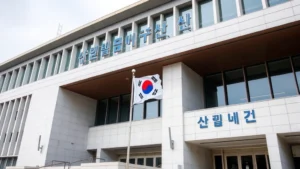 Professional photograph of South Korea's Constitutional Court building exterior, modern architecture with Korean flag, daylight, no text visible, formal judicial setting