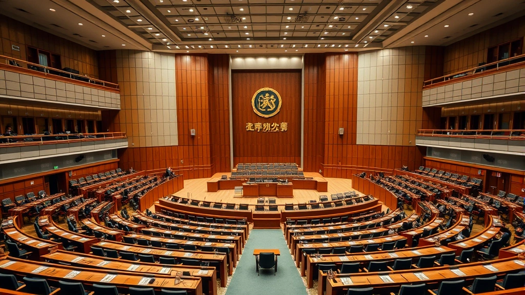 Image of National Assembly chamber in Seoul with legislative seating, architectural details, official government building interior, professional lighting, no signage readable