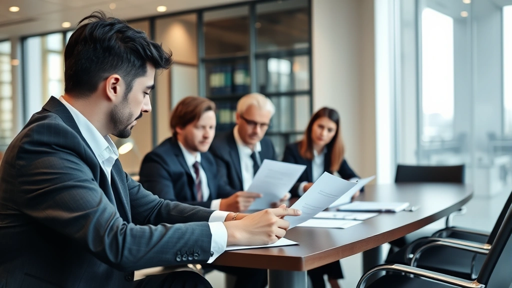 Photograph of legal professionals in business attire reviewing documents at conference table, modern law office setting, focused on collaborative work, no visible text on documents