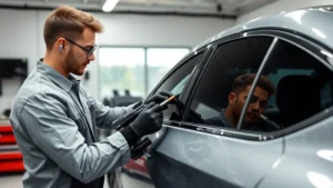Professional car window tinting specialist applying dark tint film to vehicle side window in modern auto shop with precision tools and equipment visible