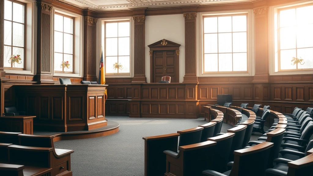 Courtroom interior with judge's bench and empty jury box, professional judicial setting, morning light through windows, no people present, formal legal environment representing the civil justice system