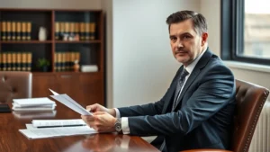 Professional male attorney in business suit sitting at wooden desk in modern law office, reviewing documents with focused expression, natural office lighting, neutral background, confident professional demeanor