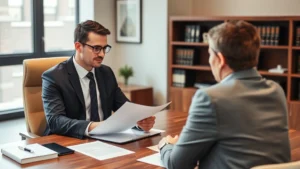 Professional male bankruptcy attorney in business suit reviewing financial documents at wooden desk with client across from him in modern law office with neutral colors and professional atmosphere
