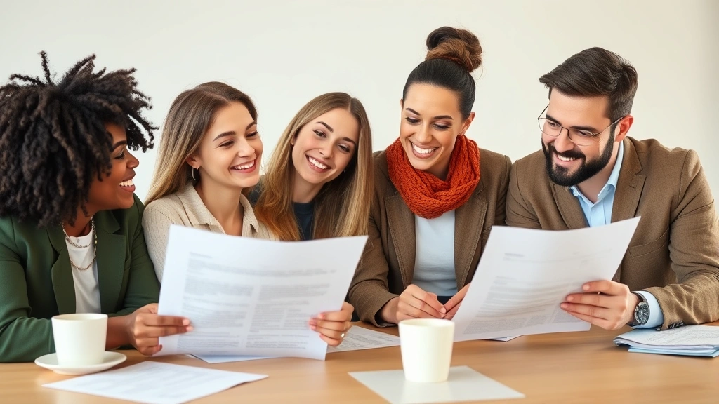 Diverse individuals reviewing financial recovery plan documents after completing bankruptcy proceedings with optimistic expressions sitting at table with coffee cups and papers