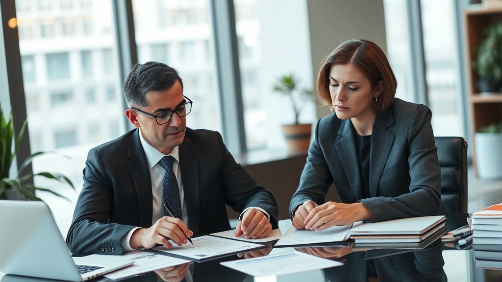 Professional bankruptcy attorney in modern office consulting with client, both seated at desk reviewing financial documents and taking notes, calm confident demeanor, natural lighting through windows