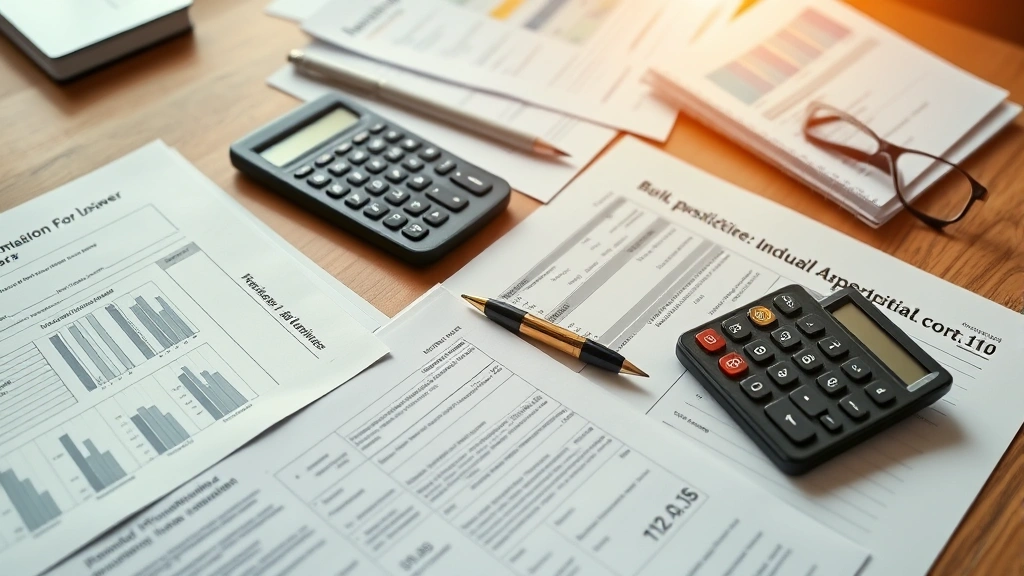 Organized financial paperwork and documents spread on wooden desk with calculator and pen, representing bankruptcy filing preparation, professional workspace environment, soft natural light
