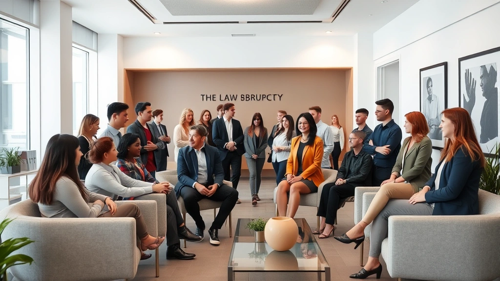 Diverse group of people in modern law office lobby waiting area, representing different individuals seeking bankruptcy guidance, professional clean interior design, welcoming atmosphere