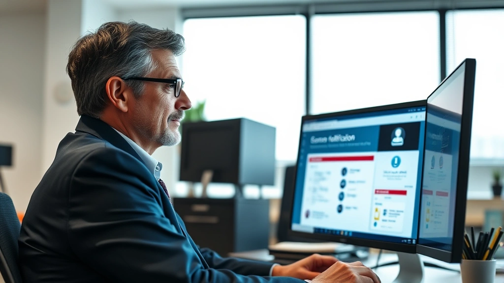 Professional school administrator in modern school office reviewing emergency notification system on computer screen, modern technology interface visible on monitor, calm and focused expression, natural office lighting, no documents or text visible