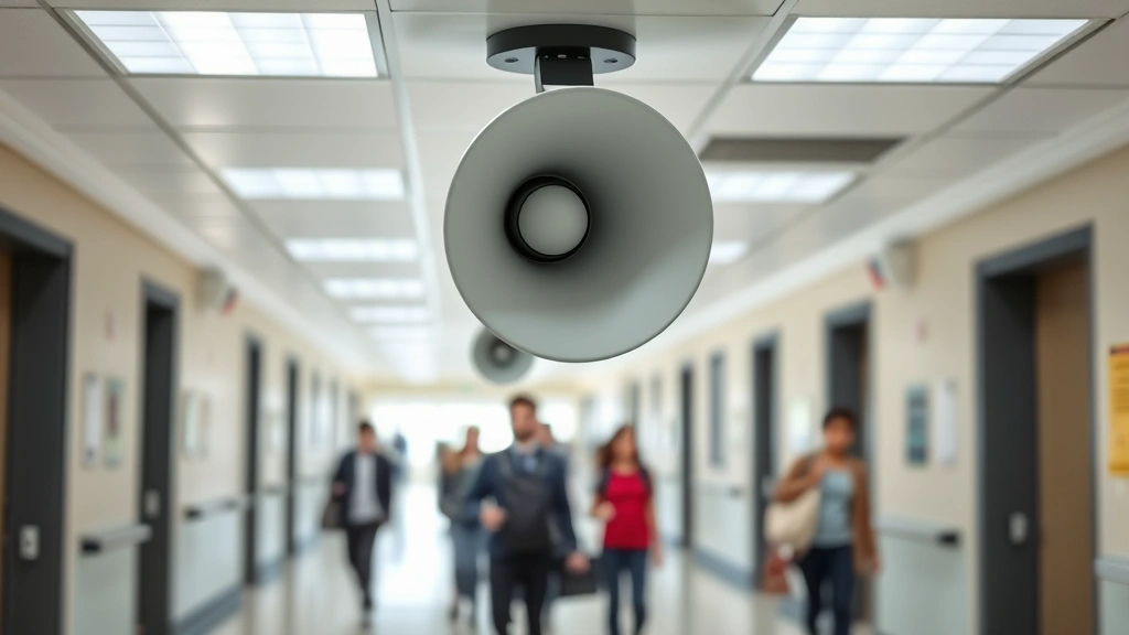 Interior of school hallway with modern public address speaker mounted on ceiling, students walking in background slightly blurred, professional security-focused environment, natural school building lighting, no signage or text visible