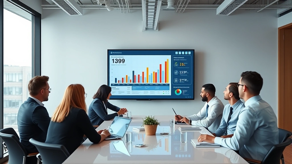 Diverse team of lawyers in conference room reviewing performance metrics on large digital display, collaborative discussion, contemporary office environment with minimalist design