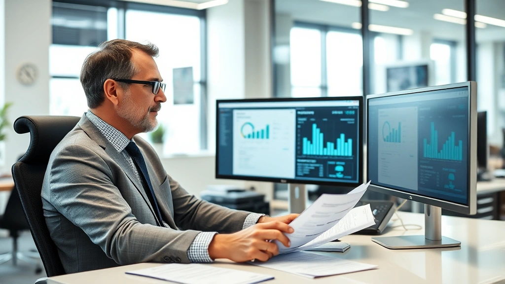 Senior male partner reviewing documents at desk with dual monitors displaying case management software, professional attire, organized modern office workspace