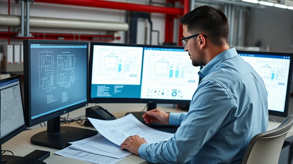 Professional electrical engineer reviewing technical blueprints and safety diagrams at a modern workstation with multiple monitors displaying electrical schematics