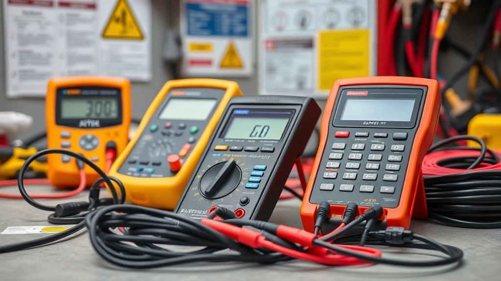 Close-up of electrical testing equipment and multimeters on a work surface with coiled cables and safety documentation visible in background