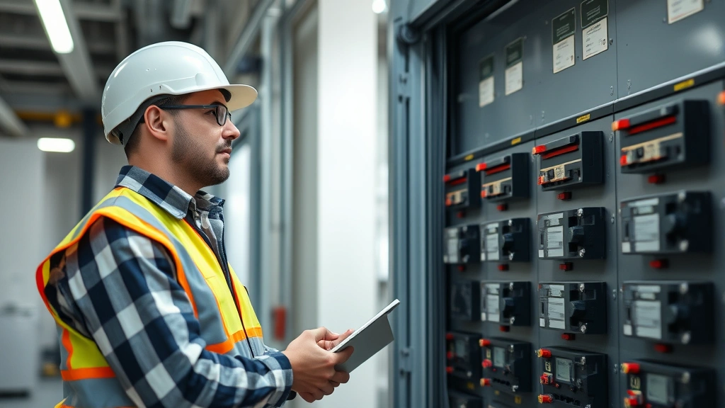 Experienced licensed electrician in safety gear performing inspection of industrial electrical panel with visible conduits and circuit breakers in modern facility