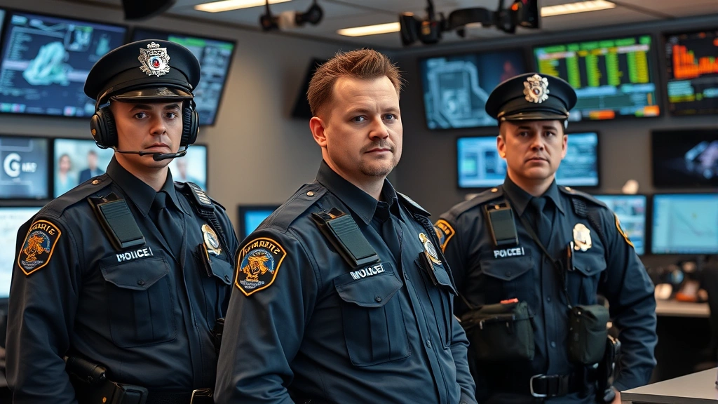 Professional police officers in uniform standing in emergency command center with communication equipment and monitors displaying real-time information, serious focused expressions, modern tactical gear, indoor setting