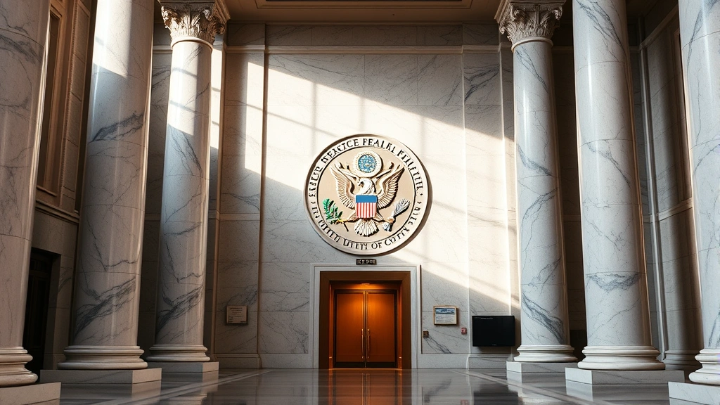 Professional federal courthouse interior with marble columns and official seal, formal legal atmosphere, no visible text or signage, natural lighting
