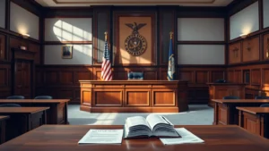 Professional photograph of a courtroom interior with judge's bench, American flag, and legal documents on desk, natural lighting, no people visible, formal and authoritative atmosphere