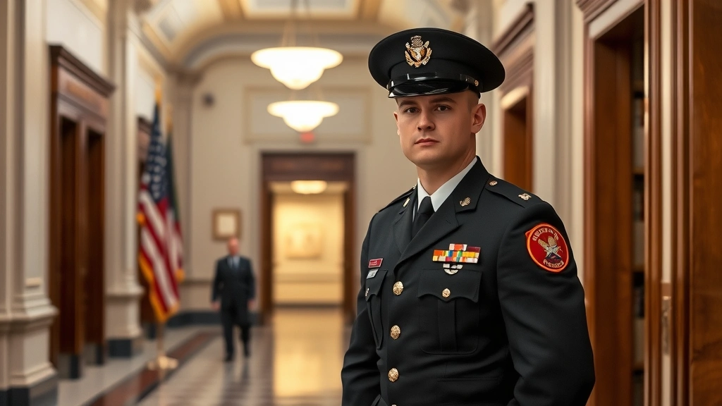 Military officer in dress uniform standing in official government building corridor with constitutional law library visible in background, professional and serious demeanor, formal setting