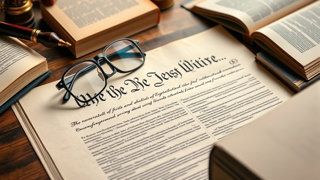 Close-up of the United States Constitution document with reading glasses and legal reference books surrounding it on wooden desk, scholarly legal research environment, warm lighting