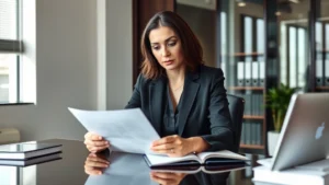 Professional female divorce attorney in business attire reviewing legal documents at modern law office desk, natural lighting, serious focused expression, contemporary office environment
