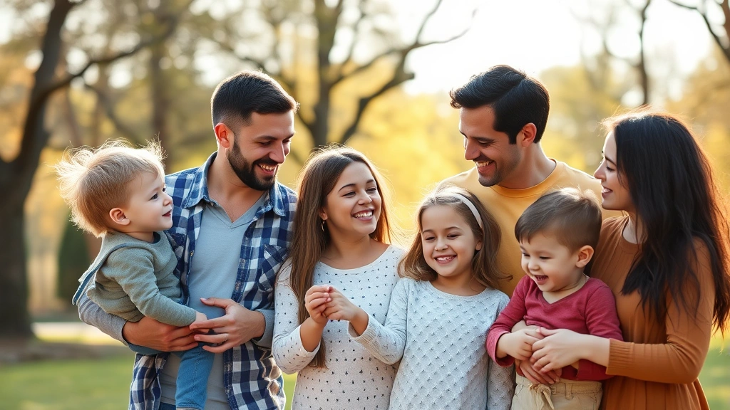 Diverse family of parents and children in park setting, warm interaction, natural outdoor lighting, peaceful environment showing healthy co-parenting relationship