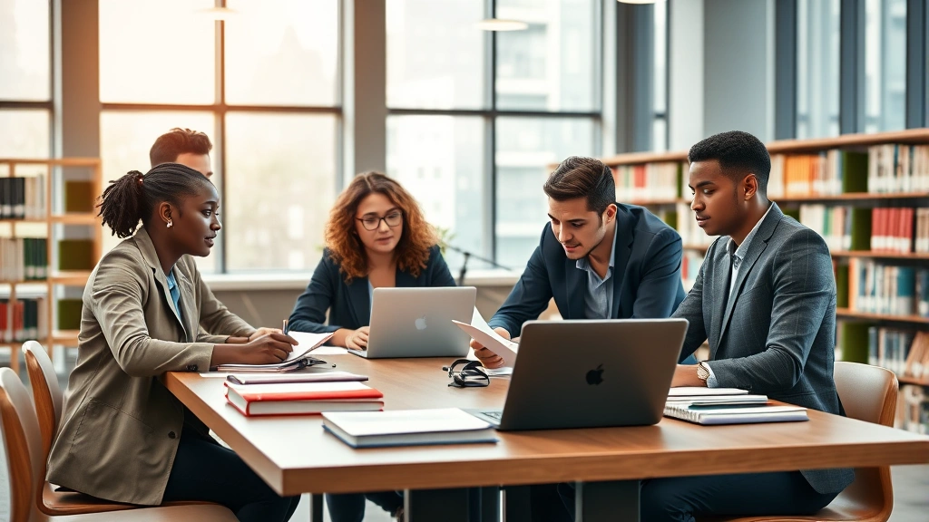 Professional diverse law students studying together at a modern law library table with laptops and legal documents, natural lighting from large windows, collaborative and focused atmosphere, warm professional setting