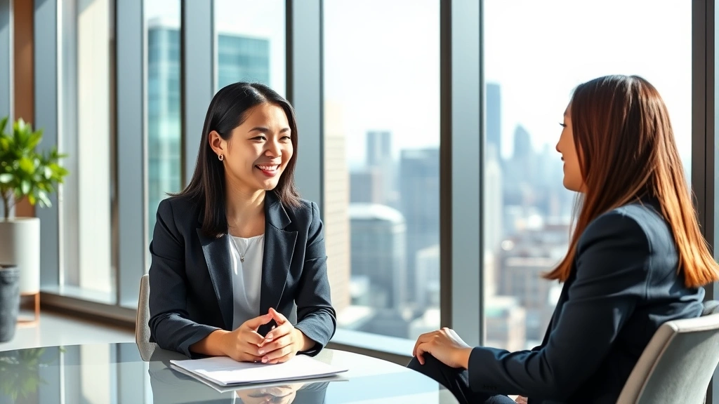 Asian American female attorney in business suit conducting a mentoring session with a young law student in a modern office with floor-to-ceiling windows overlooking a city skyline, both smiling and engaged