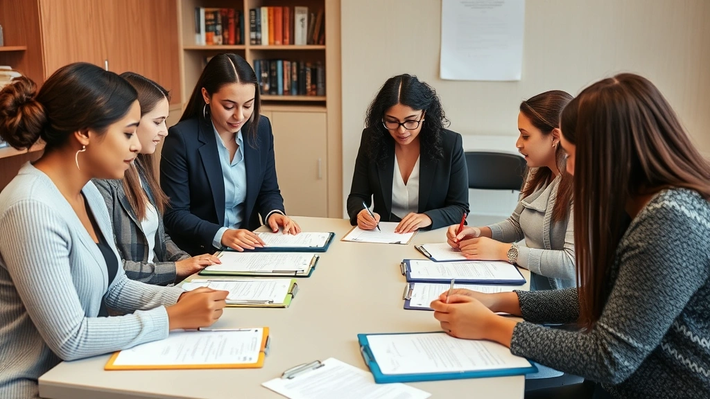 Group of law students from diverse backgrounds participating in a community legal clinic workshop, helping community members with legal documents, professional clinic setting with clipboards and forms on table