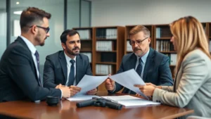 Professional legal consultation meeting in modern law office with attorney reviewing firearms legislation documents, neutral background, business attire, focused discussion atmosphere