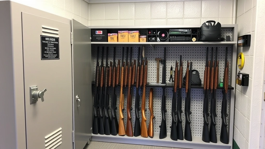 Secure firearm storage facility with locked metal cabinet, proper organization and safety equipment visible, professional security environment, no weapons visible