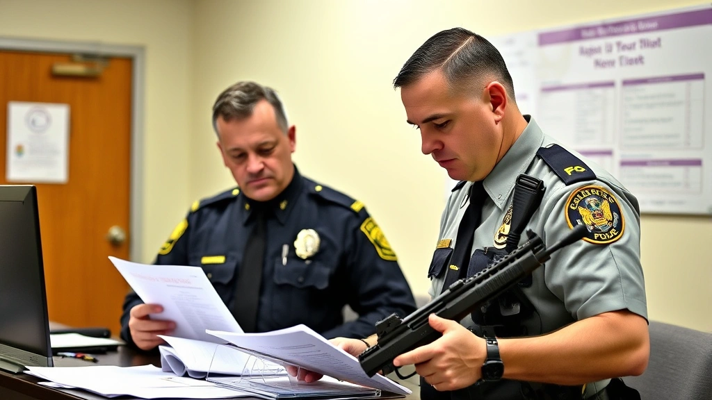 Law enforcement professional conducting firearms compliance audit, examining registration records and documentation, professional setting, serious demeanor