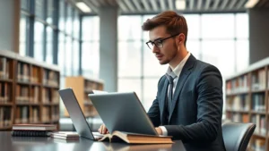 Professional law student studying at a modern law library desk with law books and laptop, focused expression, natural lighting from windows, modern architecture background