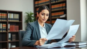 Professional female attorney in business suit reviewing legal documents at desk in modern law office with bookshelves and legal reference materials in background, confident expression