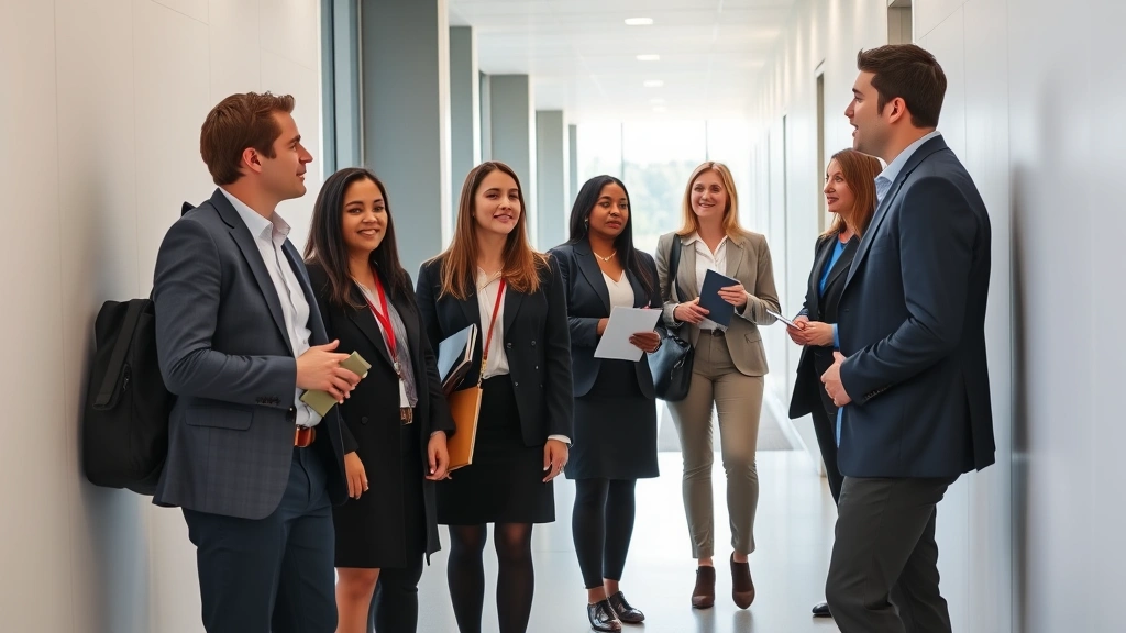 Diverse group of law students in professional business casual attire having a discussion in a contemporary university building hallway, collaborative atmosphere, natural daylight