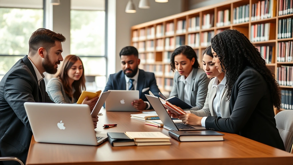Group of diverse law students in business casual attire studying together at library table with laptops and law books, collaborative learning environment, natural lighting