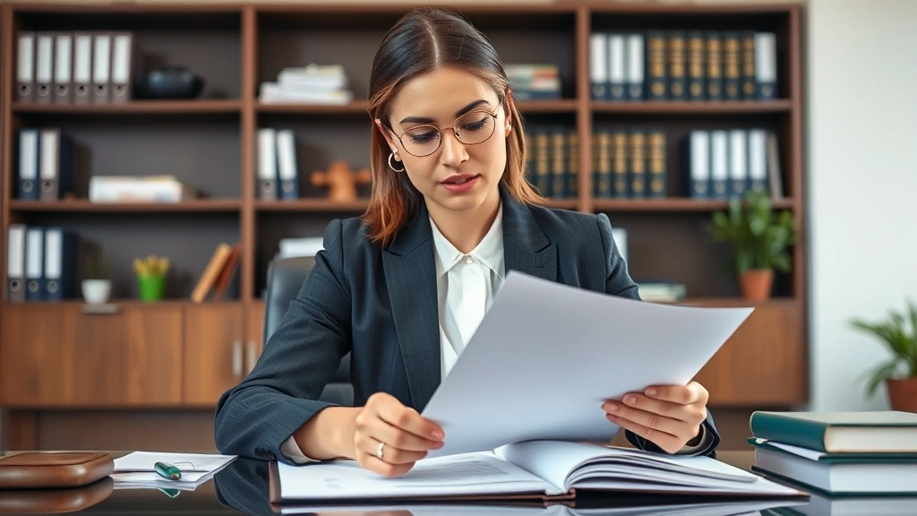 Close-up of professional woman attorney in business suit reviewing legal documents at an organized office desk, confident demeanor, modern office environment with bookshelves