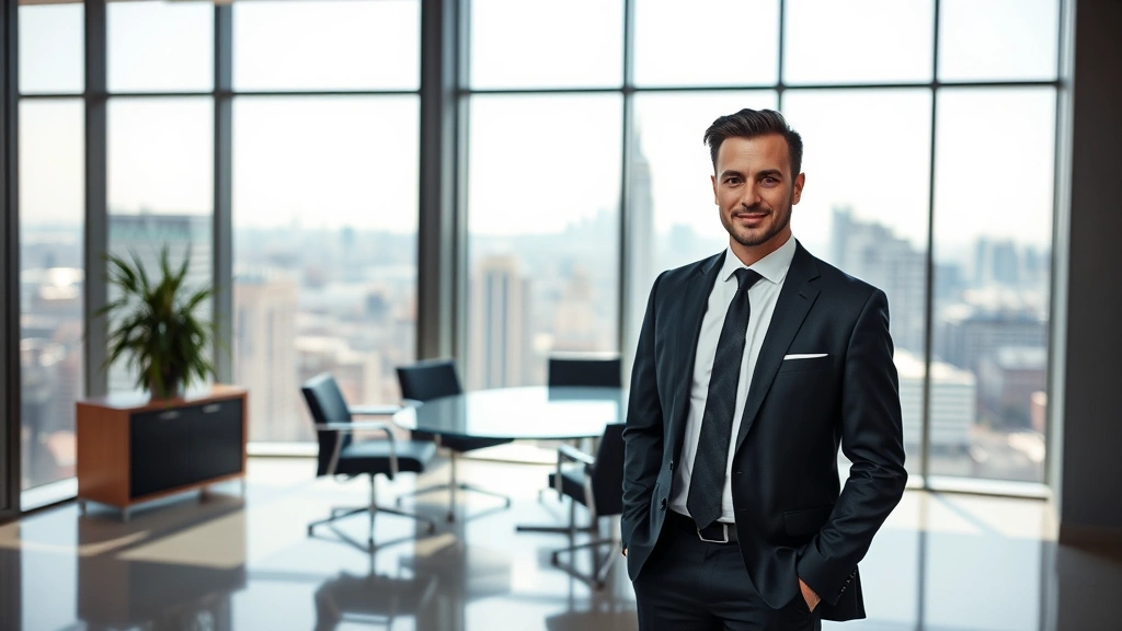 Male lawyer in formal business suit standing in contemporary law office conference room with floor-to-ceiling windows overlooking city skyline, professional demeanor