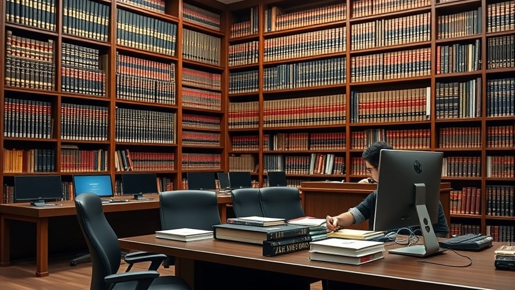 Professional law library with extensive legal volumes and modern research terminals, student studying at desk with law books and computer, professional courtroom setting