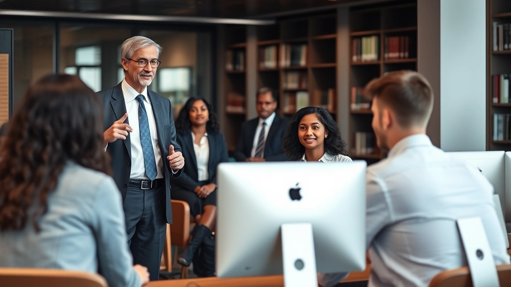 Law professor teaching class to engaged students in modern classroom, diverse group of law students in professional attire during networking event, student researching at law library computer station