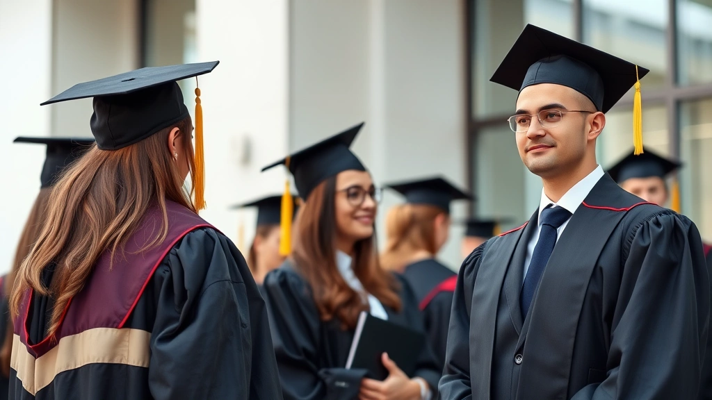 Graduation ceremony with law school graduates in academic regalia, young attorney in professional office environment, bar association building exterior or legal professional workspace