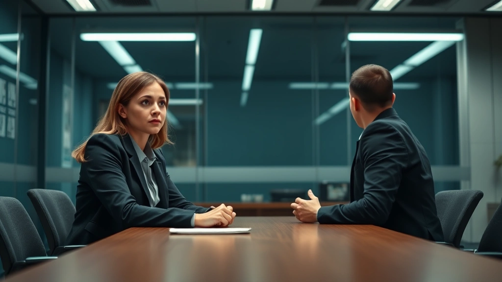 Professional female detective in modern police interrogation room, sitting across from suspect at table, neutral expression, note pad visible, fluorescent lighting, realistic office setting