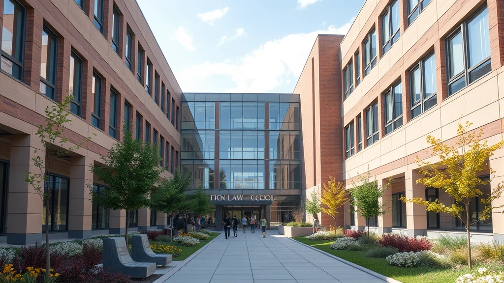 Modern law school campus building exterior, contemporary architecture, professional landscaping, students walking between buildings, daytime, clear weather, photorealistic