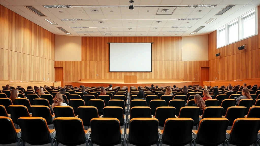 Law school classroom with tiered seating, empty chairs facing lecture podium, professional institutional design, natural light from windows, academic environment, photorealistic