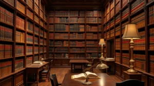Professional law library with mahogany shelves, leather-bound law books, ornate reading lamps, and wooden study tables where law students research cases