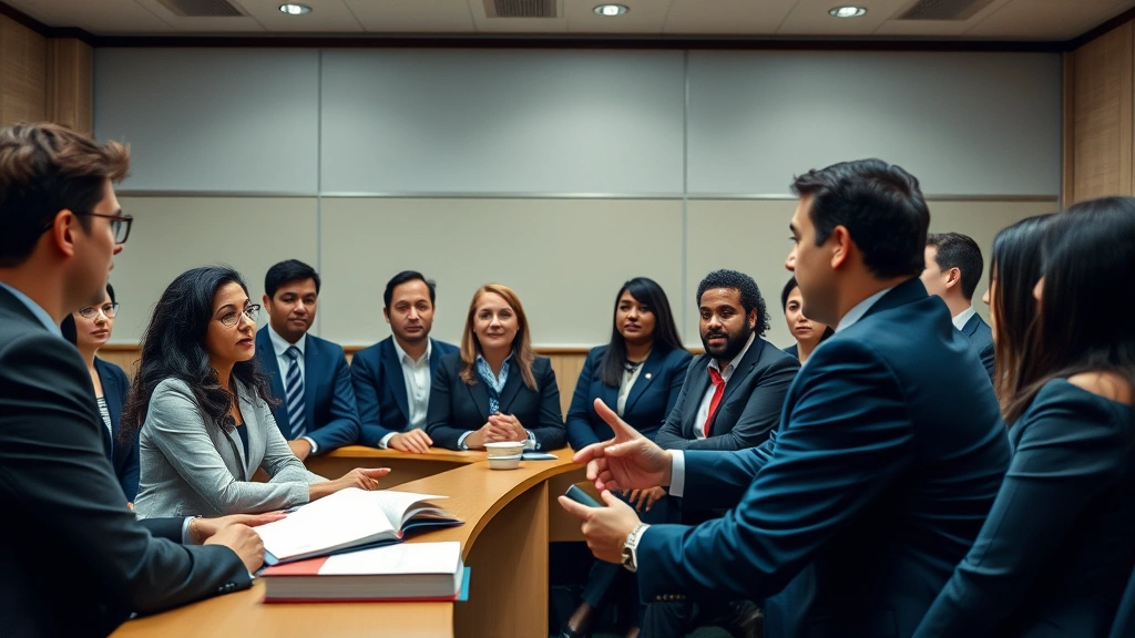 Diverse group of law students in classroom wearing business attire, engaged in discussion with professor at front of lecture hall with legal textbooks visible