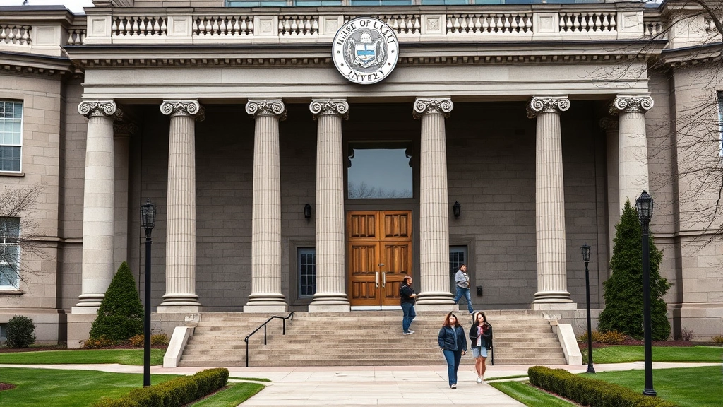 Prestigious law school building exterior with classical architecture, stone columns, university seal, manicured grounds, and students walking on campus pathways