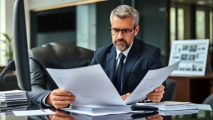Professional lawyer in business suit reviewing legal documents at desk with computer monitor, serious expression, modern law office background, natural lighting, authoritative demeanor, no visible text on documents