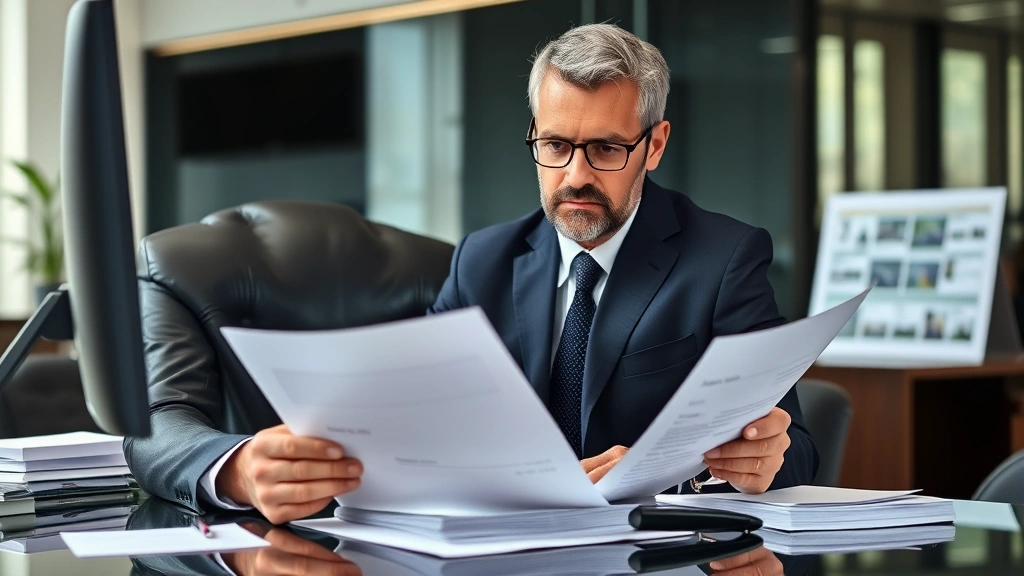 Professional lawyer in business suit reviewing legal documents at desk with computer monitor, serious expression, modern law office background, natural lighting, authoritative demeanor, no visible text on documents