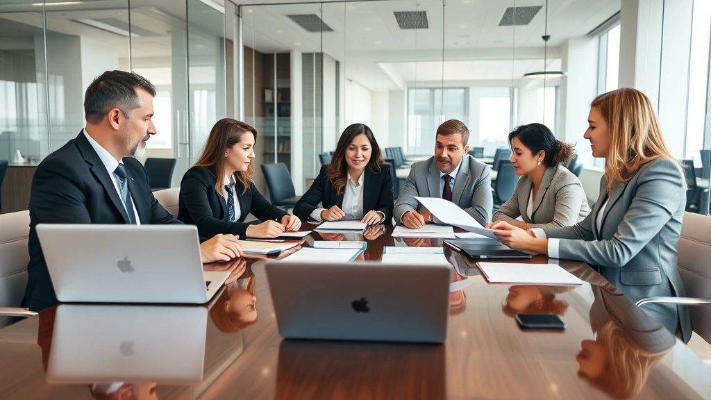 Professional diverse team of attorneys in modern glass-walled law office conference room reviewing legal documents and discussing case strategy at polished wooden table with notebooks and laptops