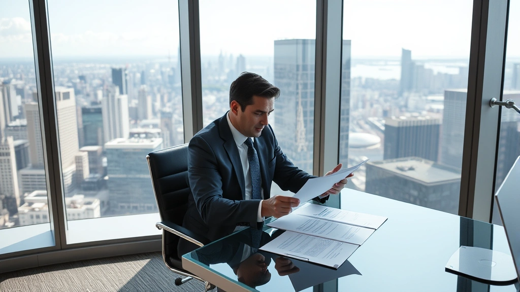 Executive-level lawyer in tailored business suit sitting at minimalist desk in high-rise office with city skyline visible through floor-to-ceiling windows, reviewing financial statements and contract documents